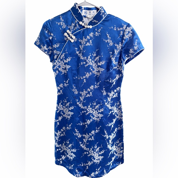 Blue Floral Cheongsam Dress Y2K Satin Chinese Qipao Mini Dress Size S - Picture 2 of 9